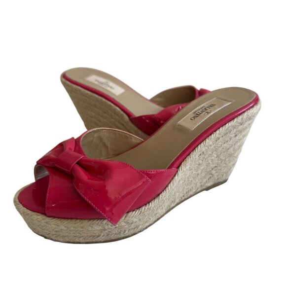 VALENTINO Pink Bow Patent Leather Espadrille Wedges Sandals Size 37.5 - Picture 3 of 10